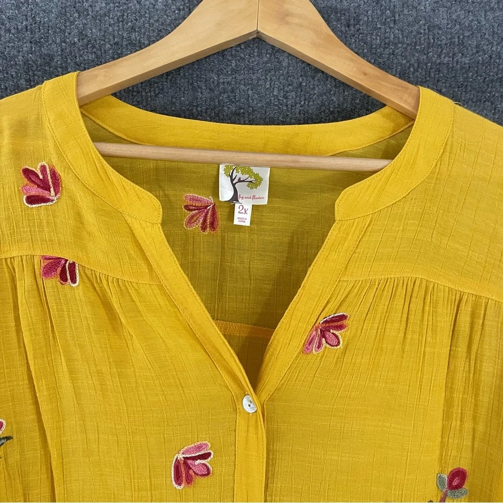 Anthropologie Fig and Flower Womens Embroidered Button Front Top Size 2X Yellow - Picture 4 of 9